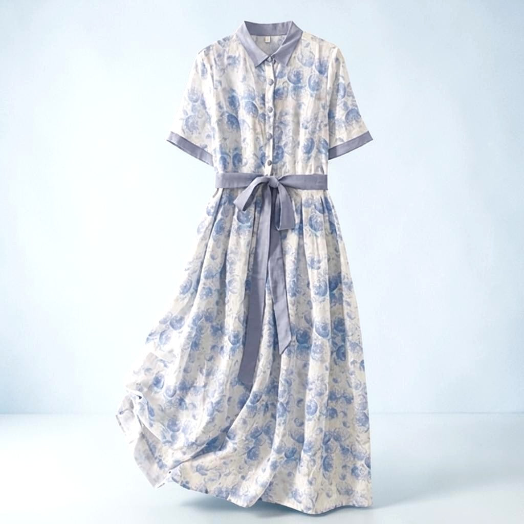 Die Hortensienbrise: Handgefertigtes Kleid aus Baumwoll-Leinen in ruhigem Blau