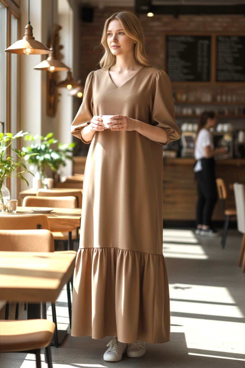 Die Blütensilhouette: Ultraleichtes, leuchtendes Flare-Kleid in Grau, Kakao & Schwarz (3/4- oder Langarm)