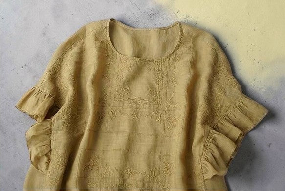 Der Couture-Hauch: Premium bestickte Leinen-Rüschenbluse