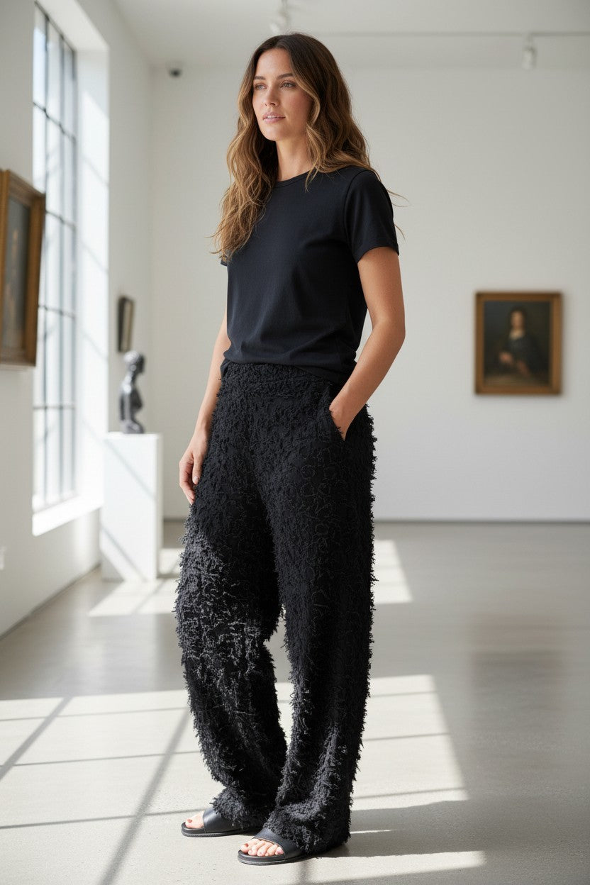 The Sheer Haute-Couture Curve Pants (Noir Black): Premium Artisan Cut-Jacquard Trousers