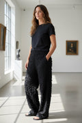 The Sheer Haute-Couture Curve Pants (Noir Black): Premium Artisan Cut-Jacquard Trousers