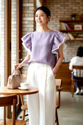 Die Airy Double-Ruffle Leinenbluse in Dusty Lavender