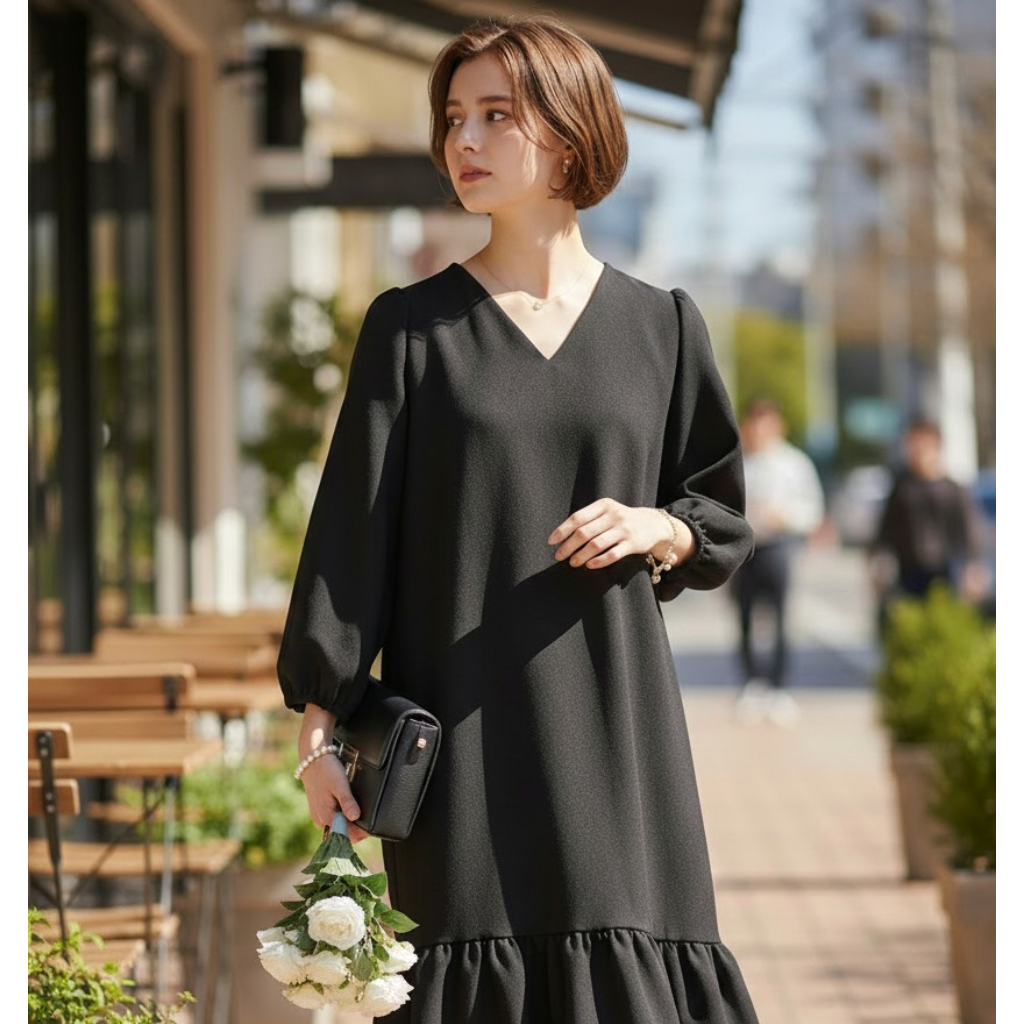 Die Blütensilhouette: Ultraleichtes, leuchtendes Flare-Kleid in Grau, Kakao & Schwarz (3/4- oder Langarm)