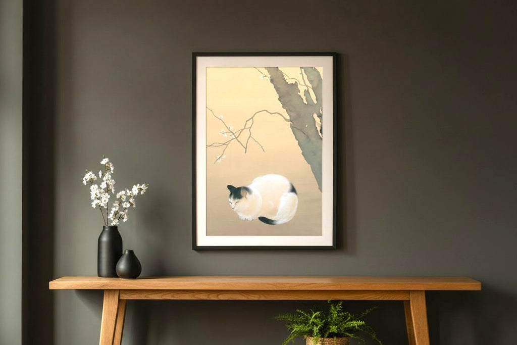 Die heitere Katze: Vintage Japanische Nihonga Kunst Poster mit Katze und Pflaumenblüten