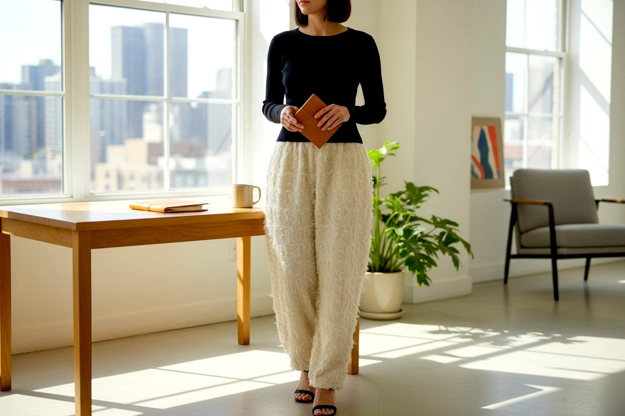 The Sheer Haute-Couture Curve Pants (Perlweiß): Exklusive handgefertigte Jacquard-Hose