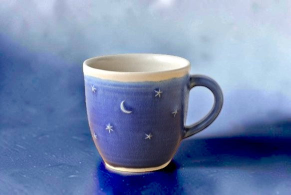 My Starlight: One-of-a-Kind Artisan Ceramic Mug Embraced by the Night Sky with Crescent Moon