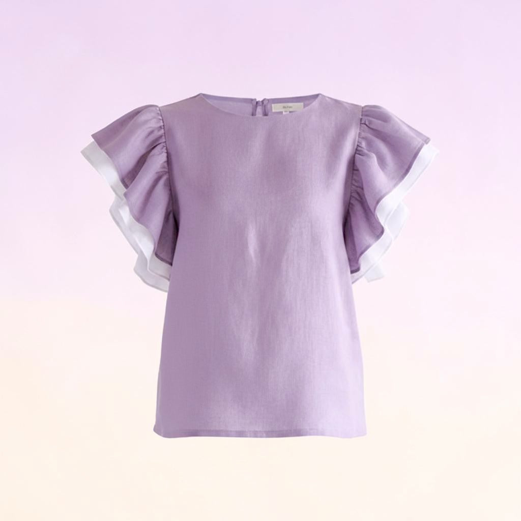Die Airy Double-Ruffle Leinenbluse in Dusty Lavender