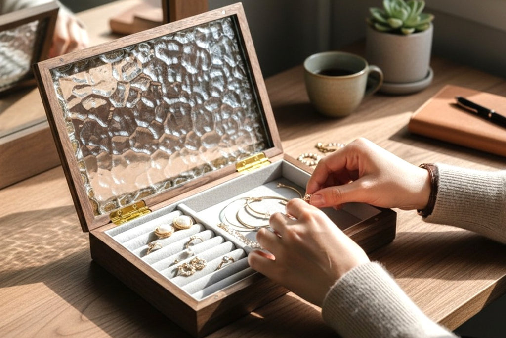 The Timeless Ripple: Bespoke Solid Walnut & Antique-Grade Exclusive Glass Jewelry Box