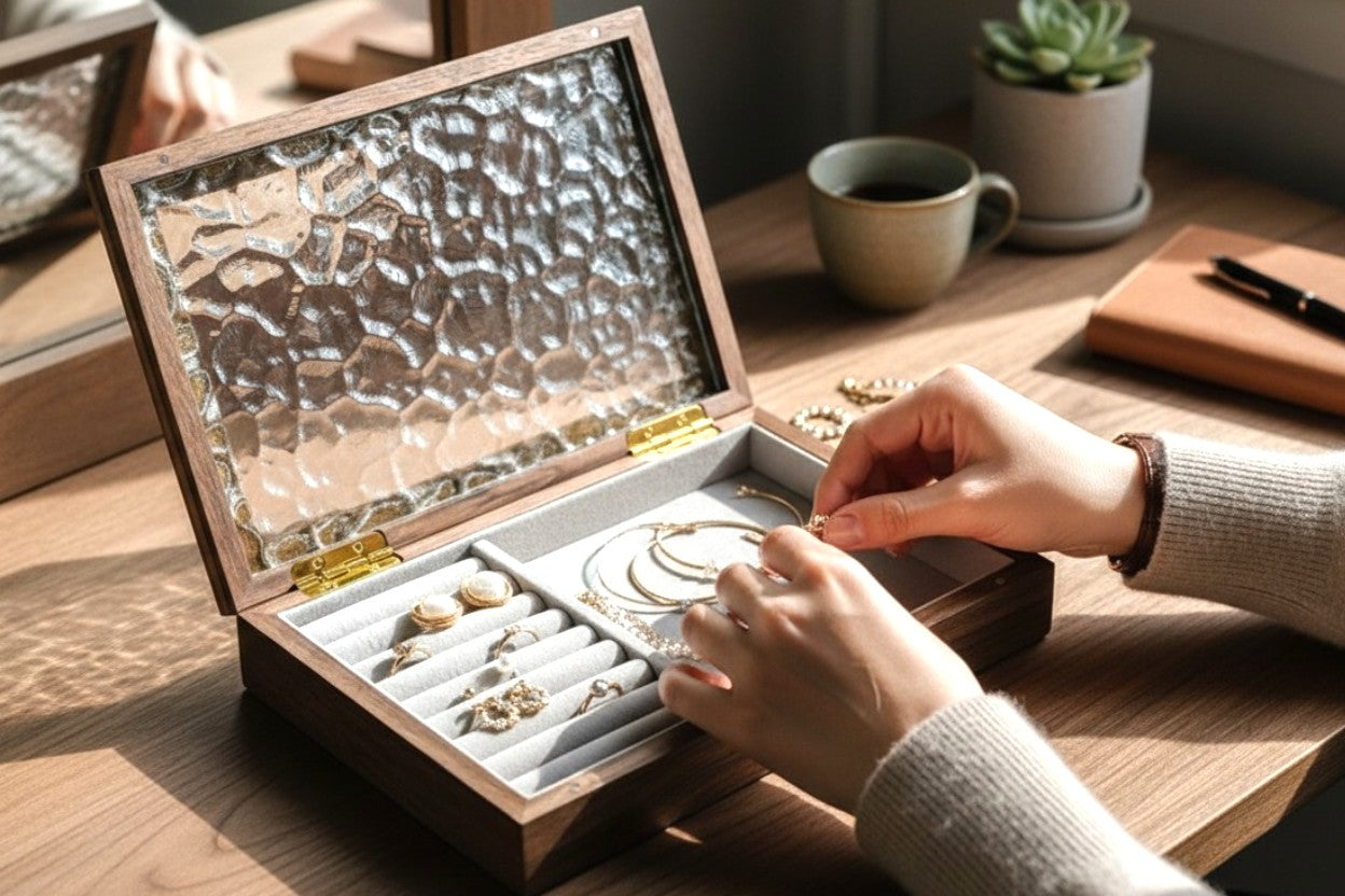 The Timeless Ripple: Bespoke Solid Walnut & Antique-Grade Exclusive Glass Jewelry Box