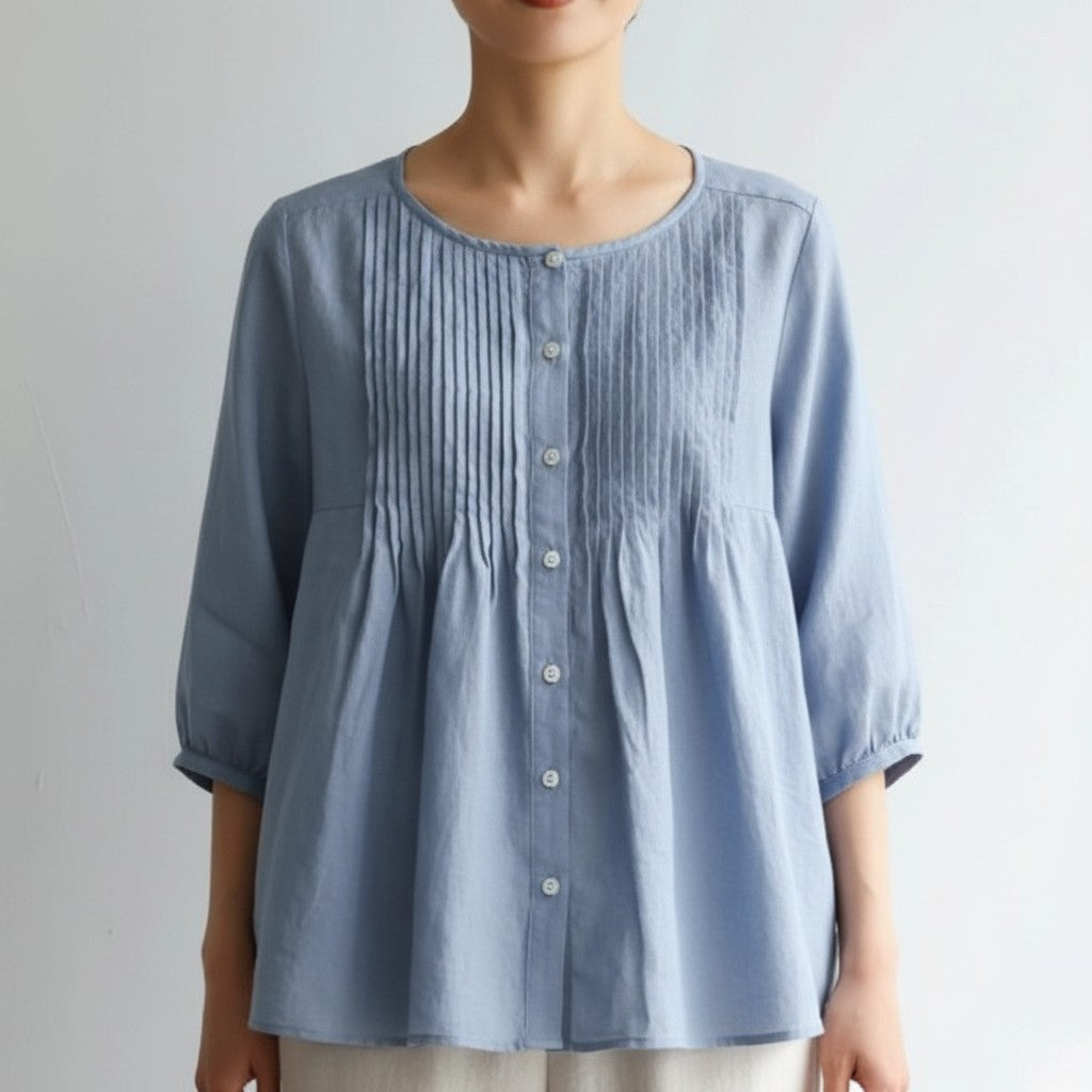 The Azure Breeze: Handgefertigte Premium Leinen Pin-Tuck A-Linien-Bluse