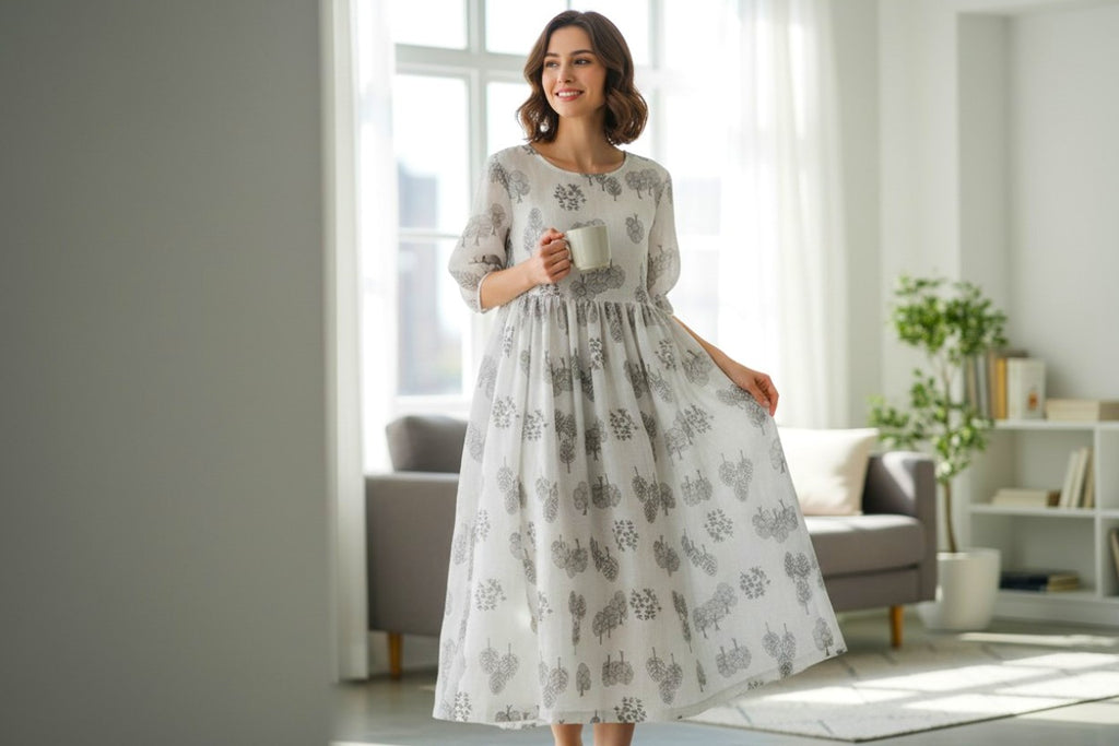 The Woodland Sanctuary: Premium Embroidered Linen Meditation Dress