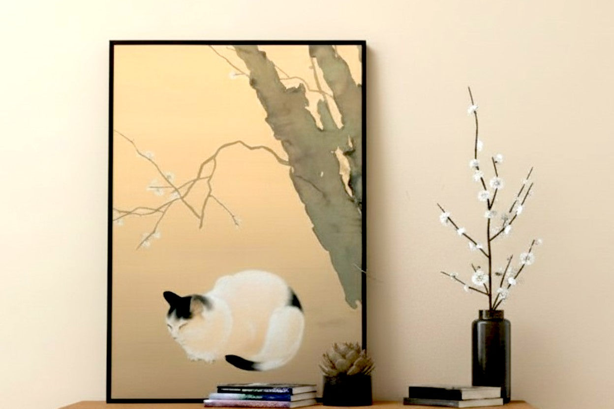 The Serene Feline: Vintage Japanese Nihonga Cat and Plum Blossom Art Poster