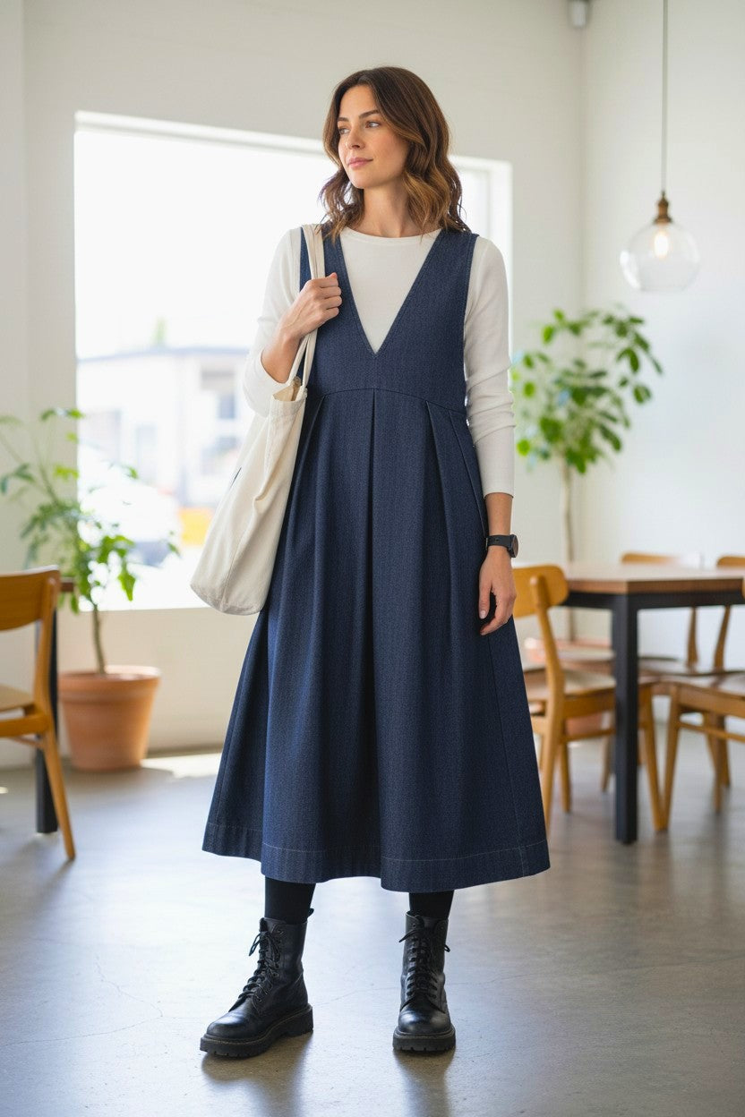 Strukturierte Fluidität: Beidseitig tragbares Kurumi-Knopf-Kleid aus Kojima-Denim