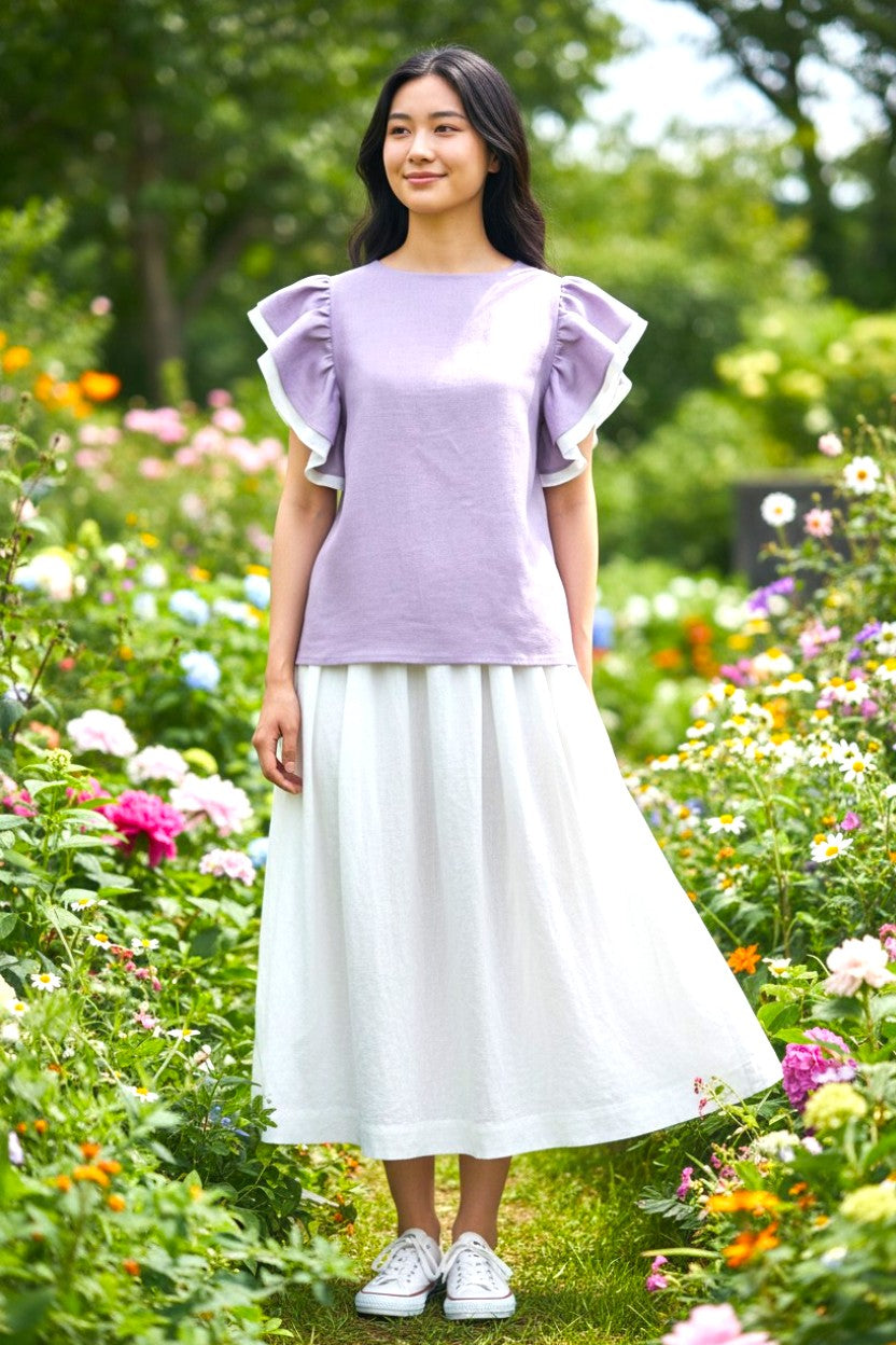 Die Airy Double-Ruffle Leinenbluse in Dusty Lavender
