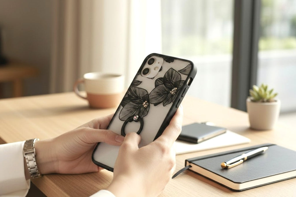 Das Transluzente Noir: Elegante, matt-transparente Blumenhülle mit integriertem Smart Ring