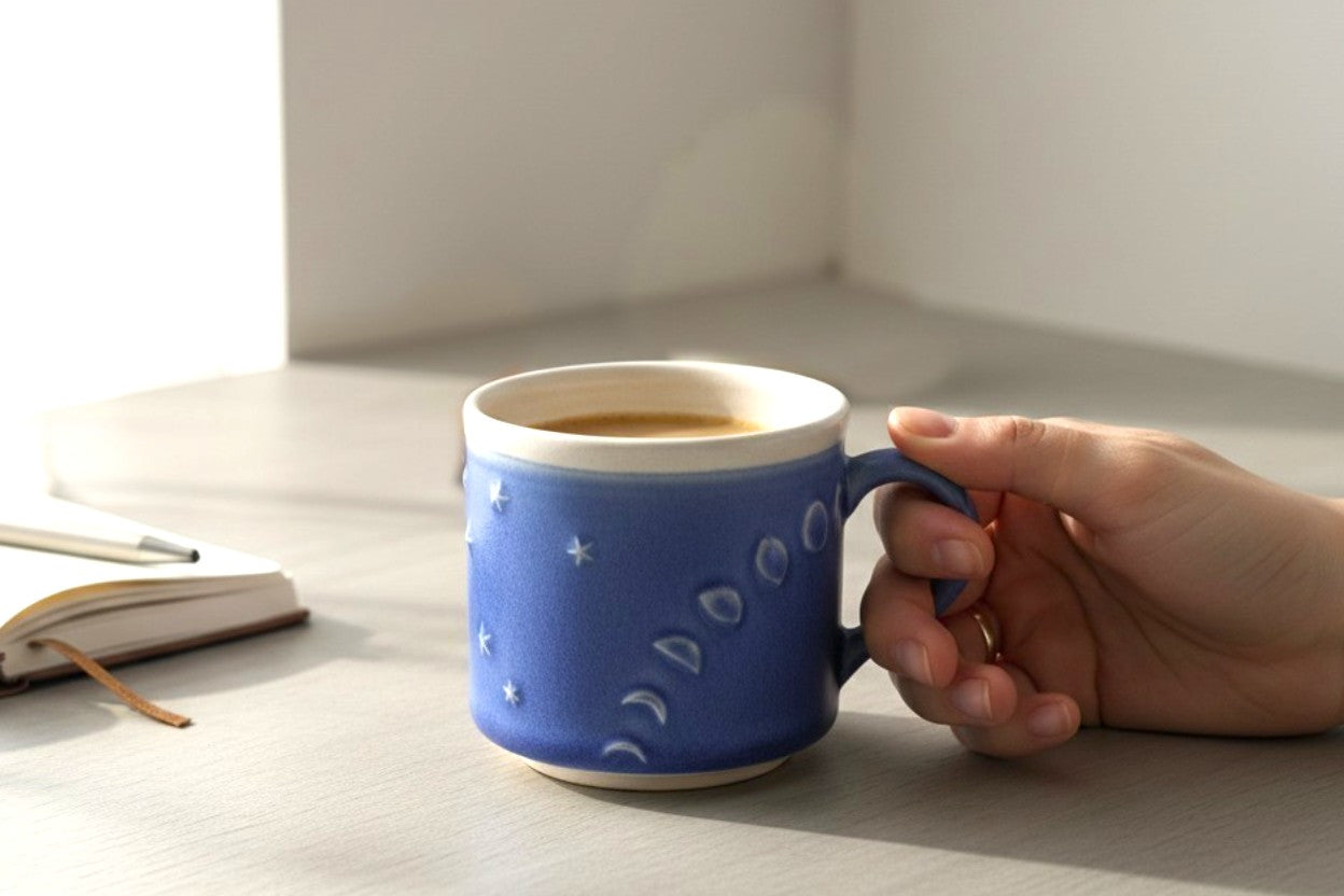 Lunar Rhythm: One-of-a-Kind Artisan Mug Embraced by the Shifting Night Sky