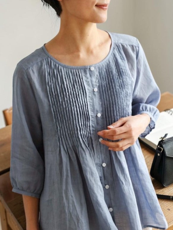 The Azure Breeze: Handgefertigte Premium Leinen Pin-Tuck A-Linien-Bluse