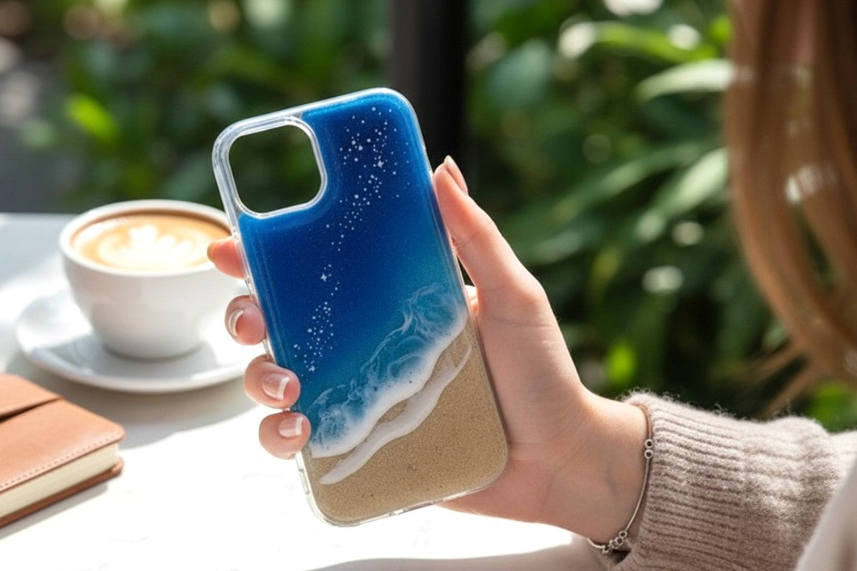 Starry Night & Ocean Waves: One-of-a-Kind Resin Art Smartphone Case