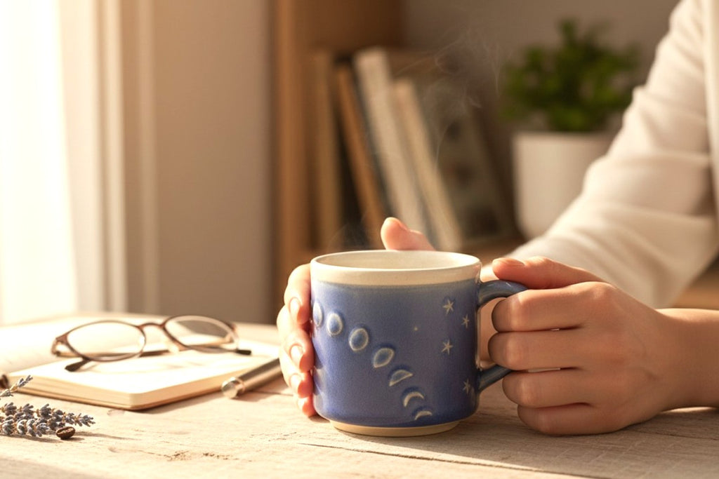 Mondrhythmus: Eine einzigartige handgefertigte Tasse, umarmt vom wechselnden Nachthimmel