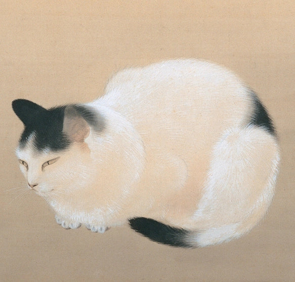 Die heitere Katze: Vintage Japanische Nihonga Kunst Poster mit Katze und Pflaumenblüten