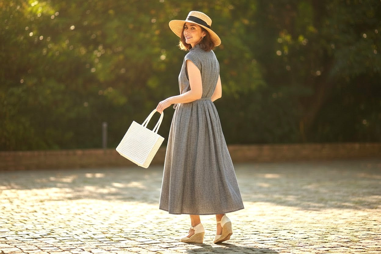 The Elegant Chambray: Handcrafted 100% Japanese Linen Pleated Dress