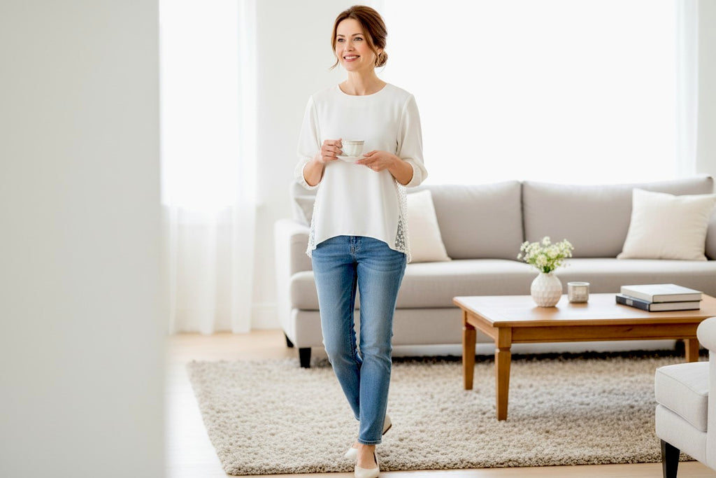 The Turn-Around Elegance : Mature Feminine Wash-and-Wear  Blouse with Tufted Artisan Lace