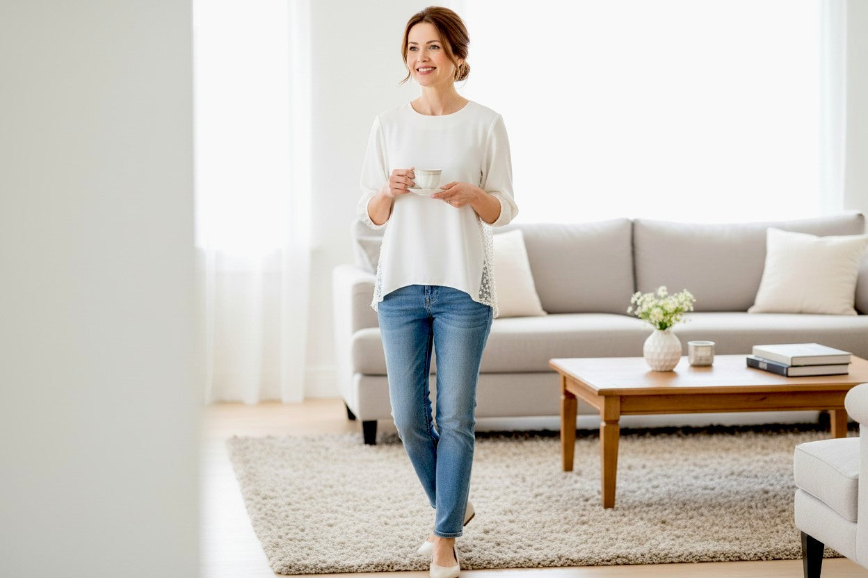 The Turn-Around Elegance : Mature Feminine Wash-and-Wear  Blouse with Tufted Artisan Lace