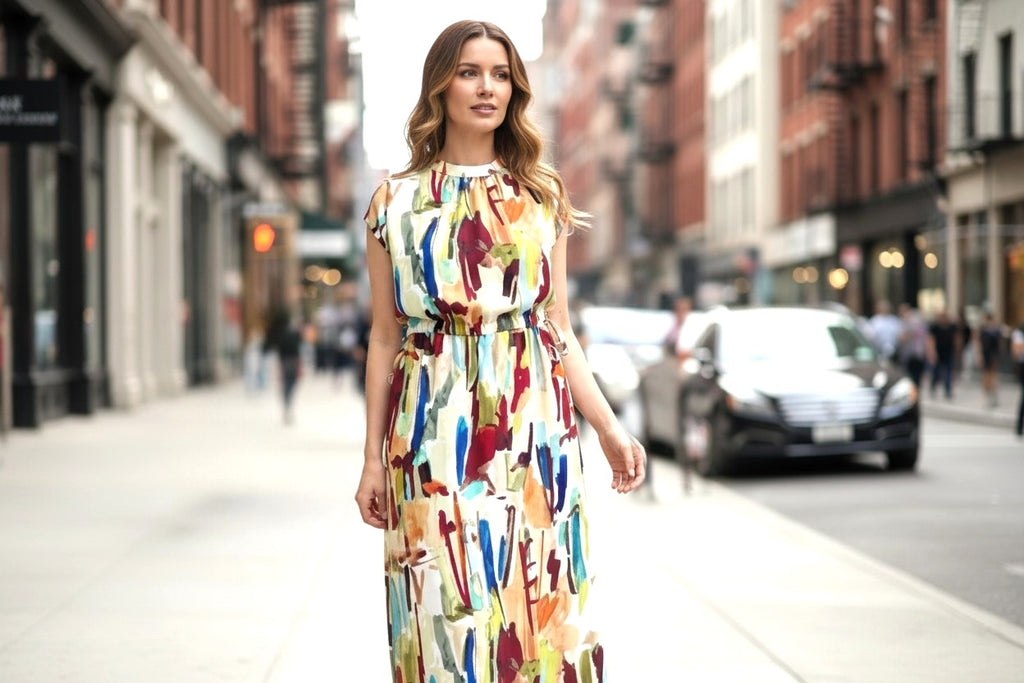 The Fluid Renaissance: Artisan Statement Stand-Collar Maxi Dress