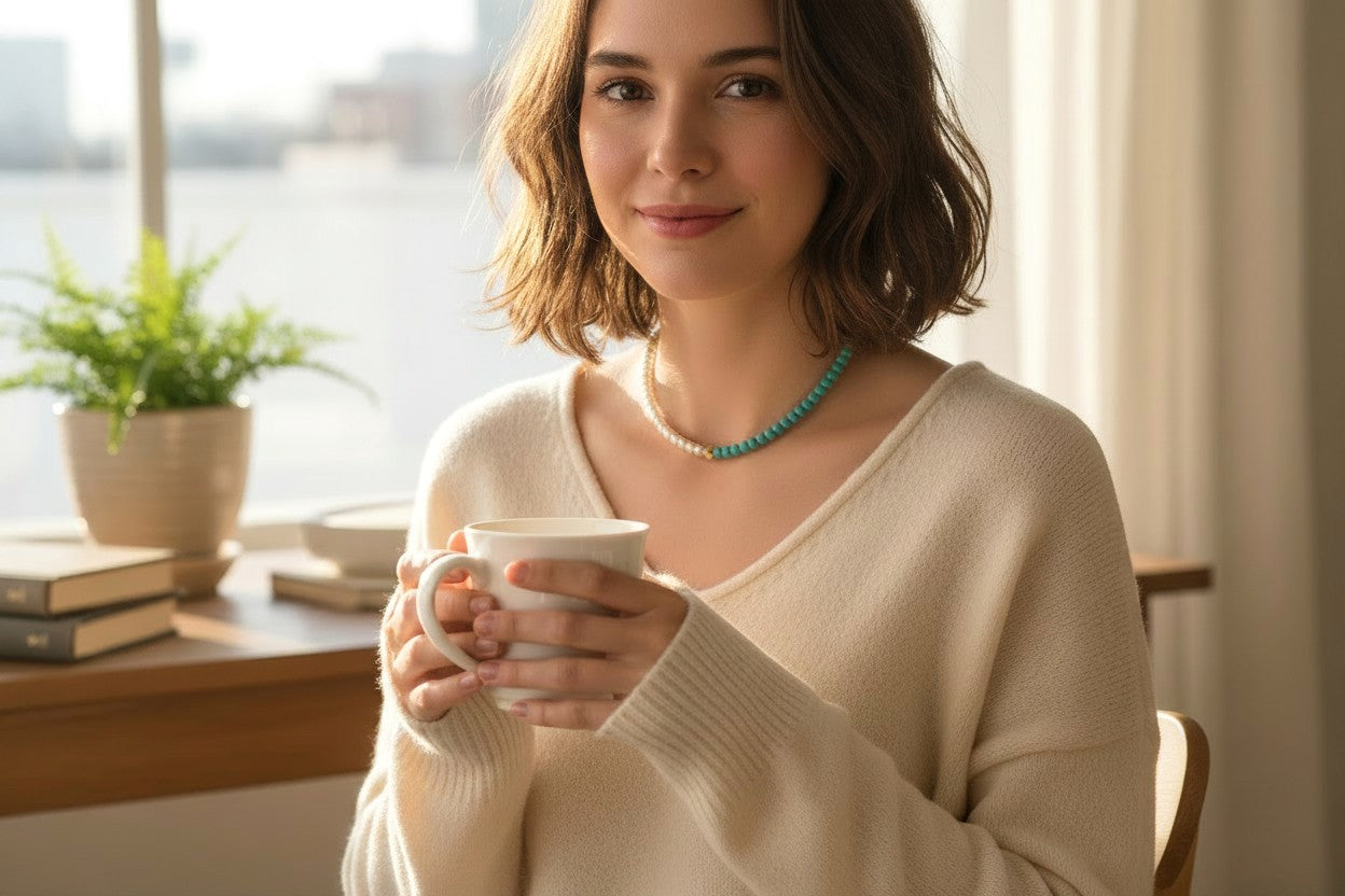 The Meeting of Two Worlds: 2-Way Turquoise & Natural Pearl Asymmetry Necklace