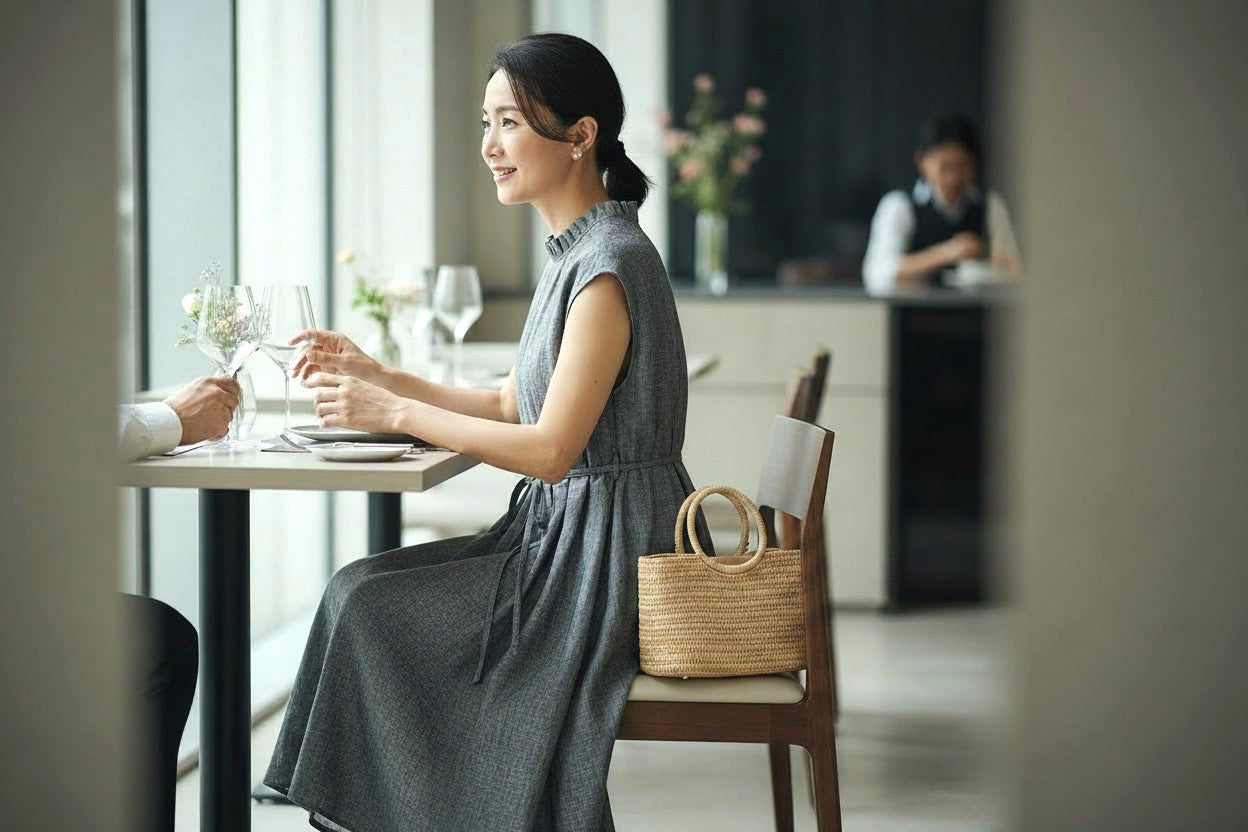 Das elegante Chambray: Handgefertigtes plissiertes Kleid aus 100 % japanischem Leinen