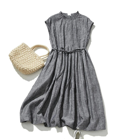 The Elegant Chambray: Handcrafted 100% Japanese Linen Pleated Dress